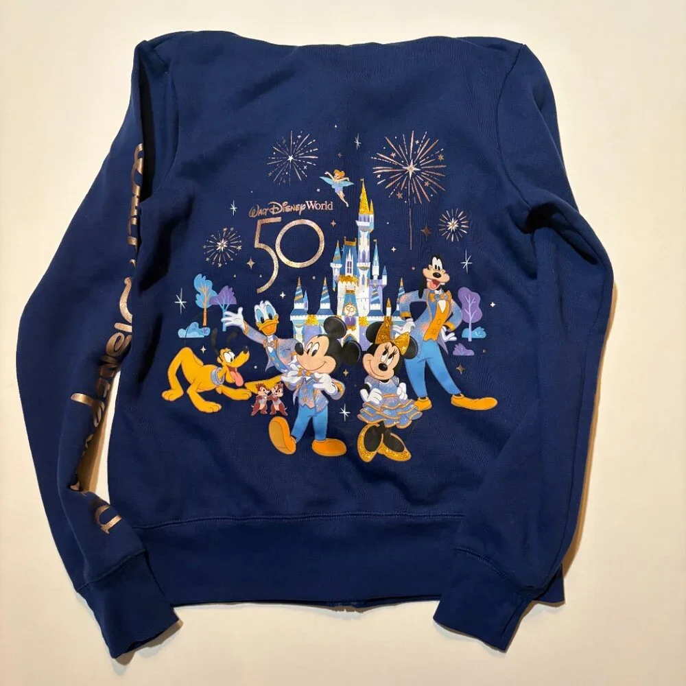 Disney World 50th Anniversary Zip Up Hoodie Fireworks Castle Navy XS - Picture 4 of 8